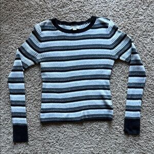 American Eagle Striped Ribbed Crewneck Sweater - Black & Light Gray